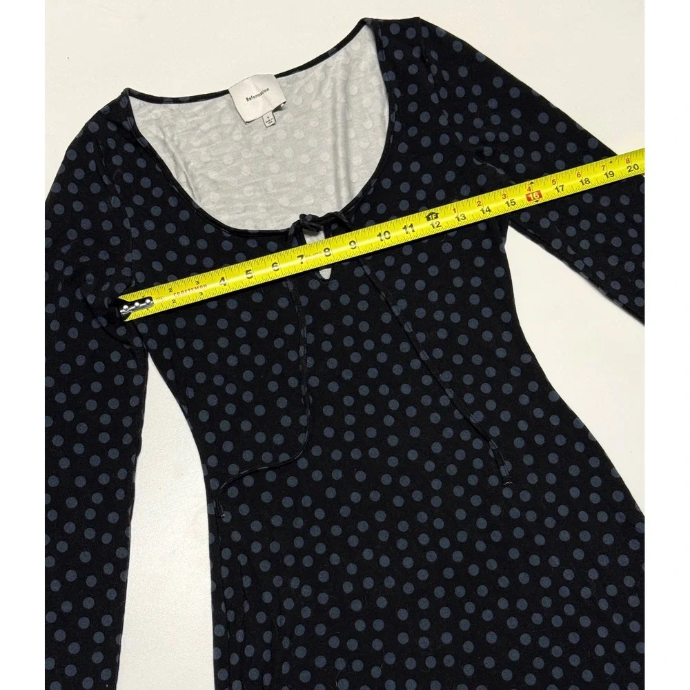 Reformation Black Blue Polka Dot Long Sleeve Mini Dress Keyhole Tie Small